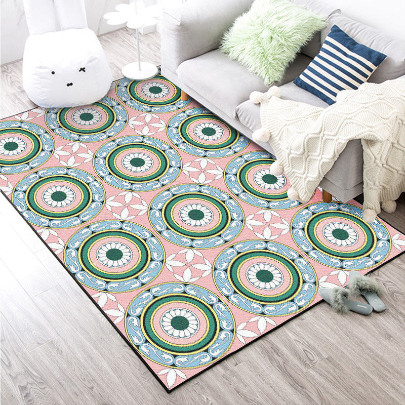 BowLift | Moroccan Flower Circle Pattern Rug in Pink Polyester Floor Mat with Non-Slip Back Rug for Living Room