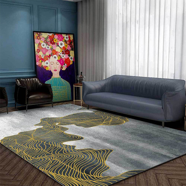 Modern living room rug in gray abstract color block wave pattern rug polyester washable rug for the area | Bowlift