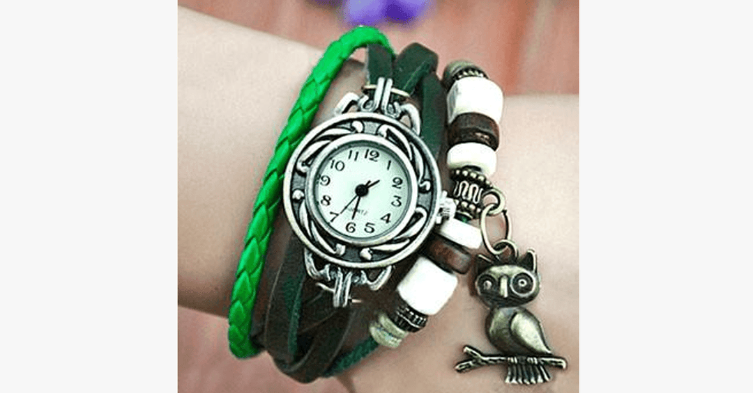 BowLift | Owl Vintage Wrap Watch with Boho-Chic Style Bracelet - Woven cuff-style bracelet watch for a funky look!
