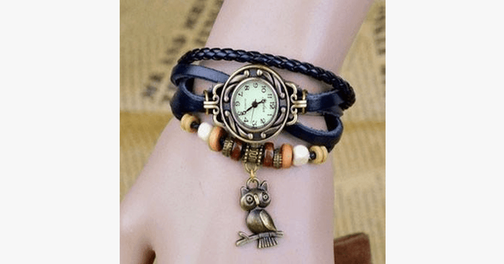 BowLift | Owl Vintage Wrap Watch with Boho-Chic Style Bracelet - Woven cuff-style bracelet watch for a funky look!
