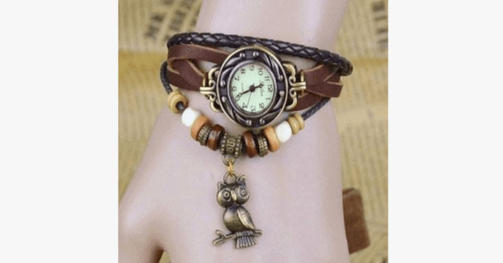 BowLift | Owl Vintage Wrap Watch with Boho-Chic Style Bracelet - Woven cuff-style bracelet watch for a funky look!