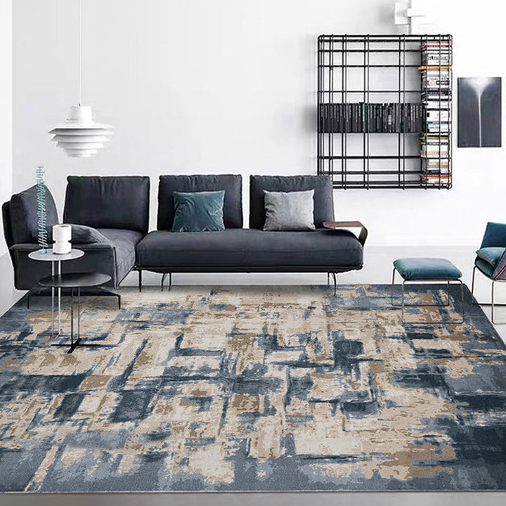 Industrial Oil Painting Pattern Rug Dark Blue Polyester Rug Washable Non-Slip Backing Rug for Bedroom | Bowlift