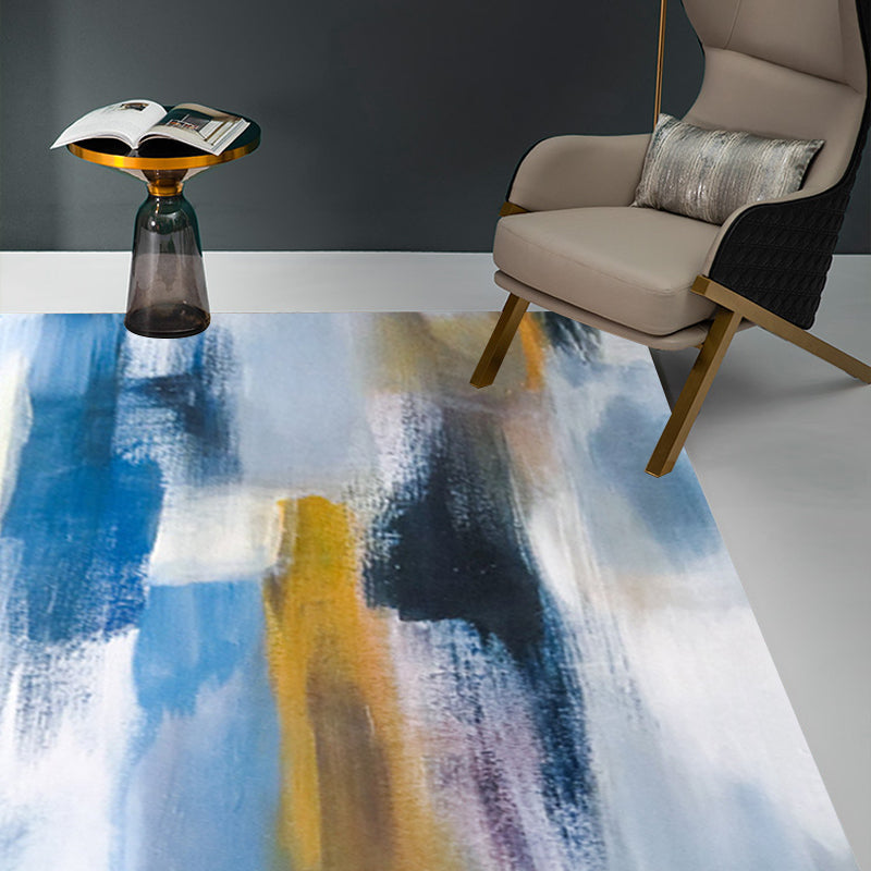 Unique Brushstroke Painting Pattern Rug Blue Contemporary Rug Polyester Machine Washable Non-Slip Rug for the Living Room | Bowlift