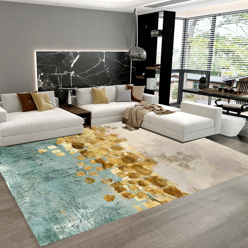 Blue and yellow contemporary carpet polyester abstract carpet non-slip backing washable carpet for the living room | Bowlift