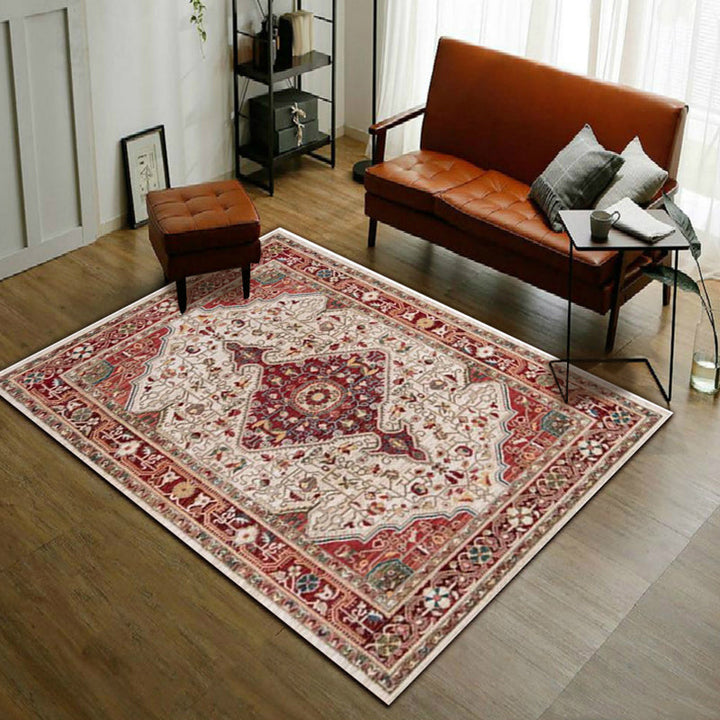 BowLift | Moroccan Living Room Rug in Red Medallion Flower Pattern Rug Polyester Non-Slip Pet-Friendly Area Rug