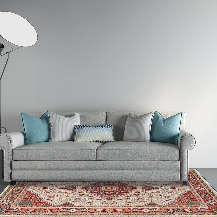 BowLift | Moroccan Living Room Rug in Red Medallion Flower Pattern Rug Polyester Non-Slip Pet-Friendly Area Rug