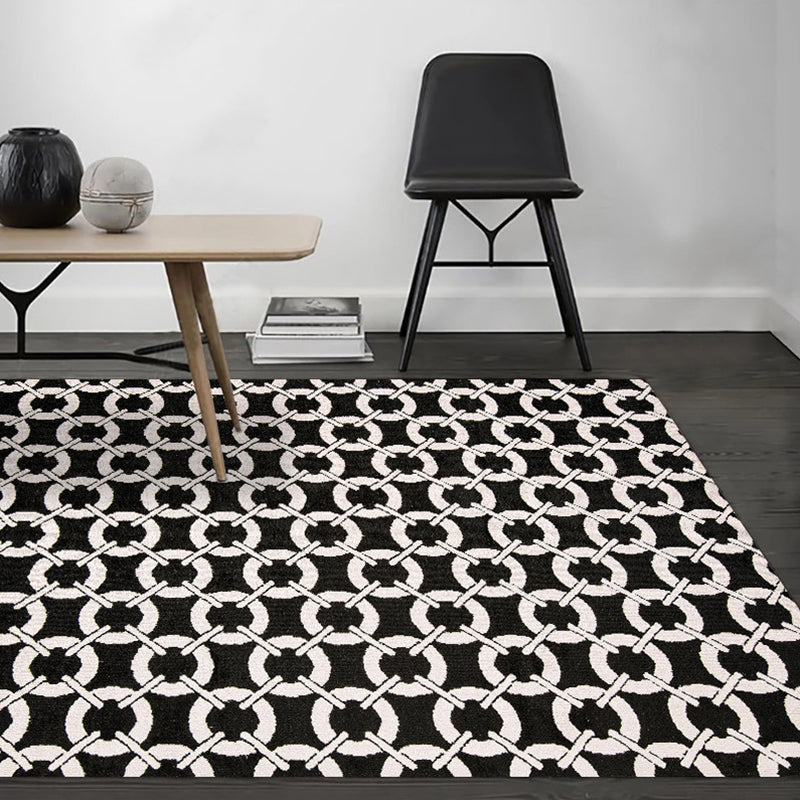 Modern living room rug in black mesh circle stripe print rug Polyester Washable pet-friendly area rug | Bowlift