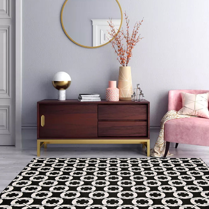 Modern living room rug in black mesh circle stripe print rug Polyester Washable pet-friendly area rug | Bowlift