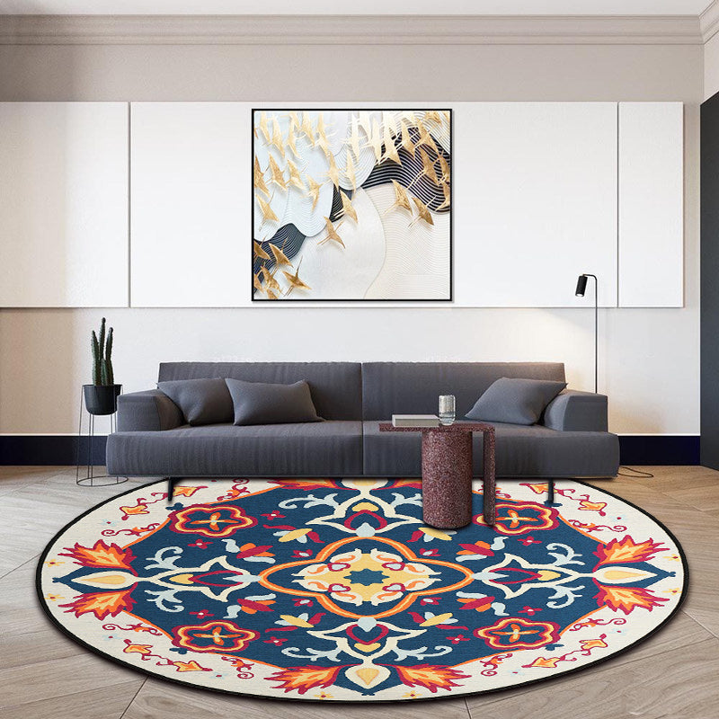 BowLift | Moroccan Living Room Rug in Blue Floral Pattern Rug Polyester Machine Washable Area Rug