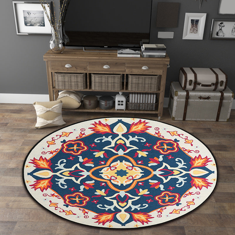 BowLift | Moroccan Living Room Rug in Blue Floral Pattern Rug Polyester Machine Washable Area Rug