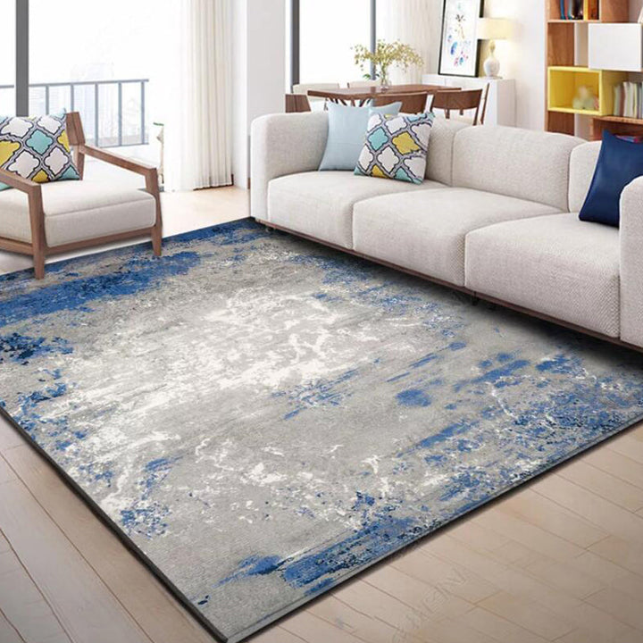Scandinavian Modern Carpet in Blue and Gray Abstract Paint Pattern Carpet Polyester Washable Carpet for Home Decor | Bowlift