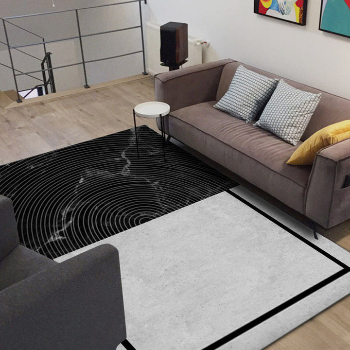 Black and gray bedroom carpet modern color block marble half-circle pattern carpet polyester washable carpet | Bowlift
