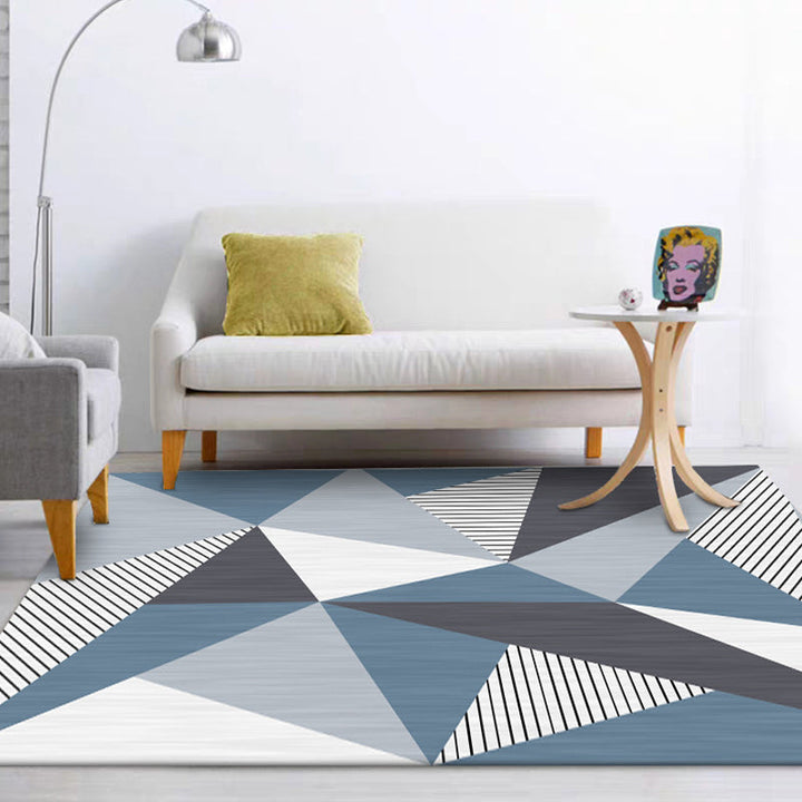 Modern living room rug in gray and blue color block triangle stripe print rug polyester stain-resistant rug | Bowlift