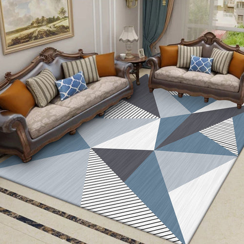 Modern living room rug in gray and blue color block triangle stripe print rug polyester stain-resistant rug | Bowlift