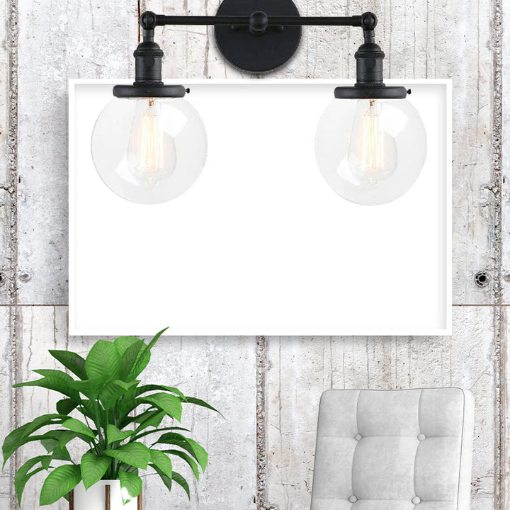 BowLift | Round Living Room Wall Light Industrial Clear Glass 2-Lamp Black/Brass Wall Lamp for the Office