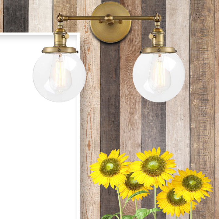 BowLift | Round Living Room Wall Light Industrial Clear Glass 2-Lamp Black/Brass Wall Lamp for the Office
