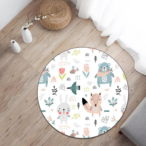 BowLift | White Children's Bedroom Carpet Children Animal Rabbit Fox Bear Flower Pattern Area Rug Polyester Non-Slip Mat