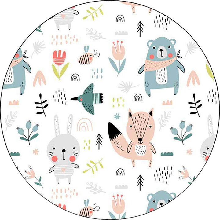 BowLift | White Children's Bedroom Carpet Children Animal Rabbit Fox Bear Flower Pattern Area Rug Polyester Non-Slip Mat