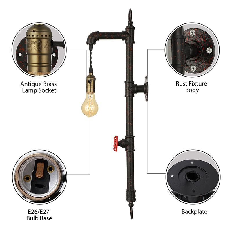 BowLift | Dark Rust Pipe Wall Light with Valve Vintage Stylish Metal 1 Light Living Room Wall Lamp
