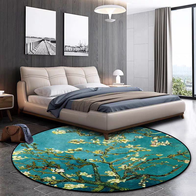 BowLift | Retro Floral Pattern Rug Blue Traditional Rug Polyester Washable Non-Slip Back Rug for Living Room
