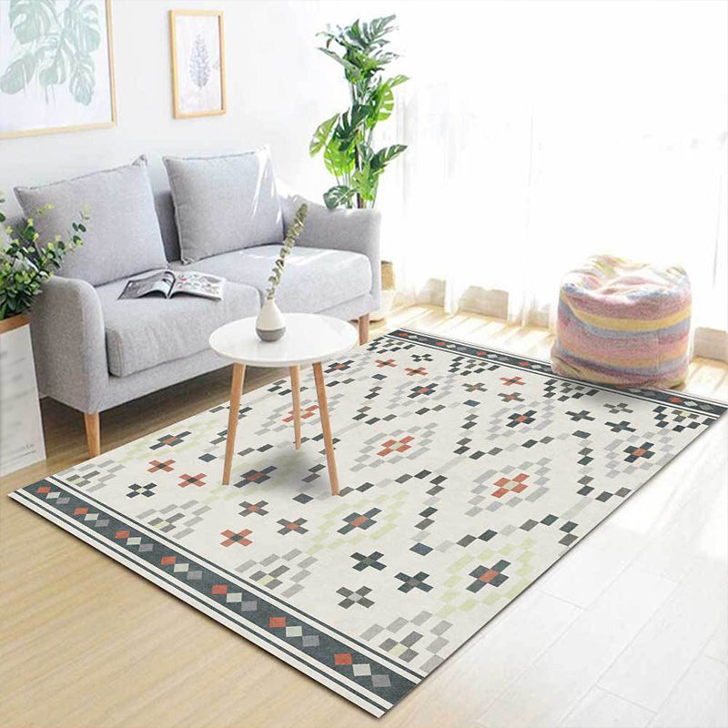 BowLift | White Tribal Carpet Polyester Geometric Pattern Carpet Washable Non-Slip Back Carpet for Living Room