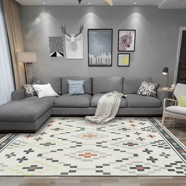BowLift | White Tribal Carpet Polyester Geometric Pattern Carpet Washable Non-Slip Back Carpet for Living Room