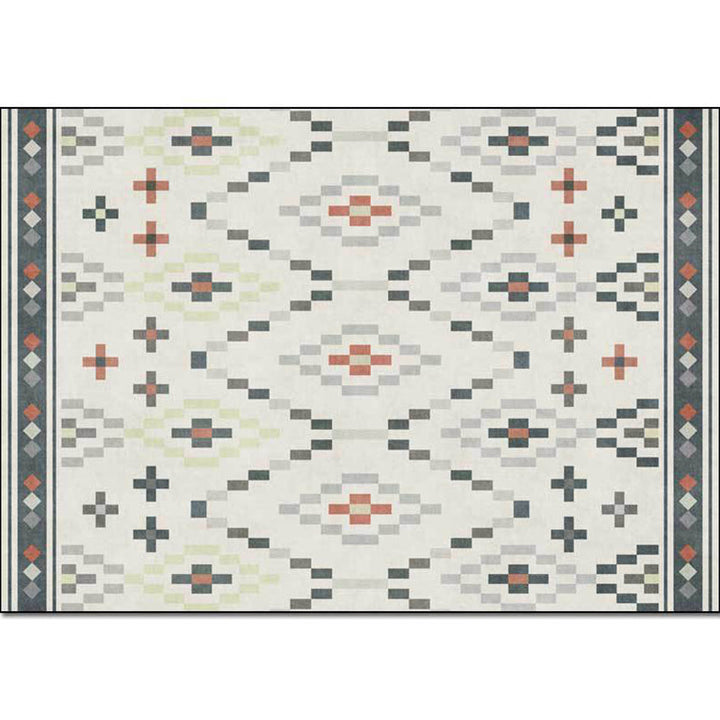 BowLift | White Tribal Carpet Polyester Geometric Pattern Carpet Washable Non-Slip Back Carpet for Living Room