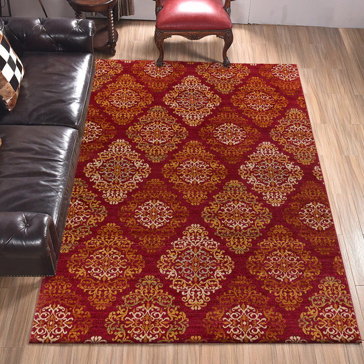 BowLift | Persian checkered printed carpet with floral red polyester machine washable non-slip carpet for living room