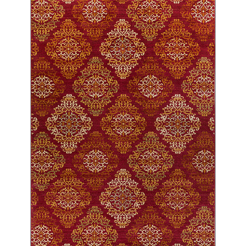 BowLift | Persian checkered printed carpet with floral red polyester machine washable non-slip carpet for living room