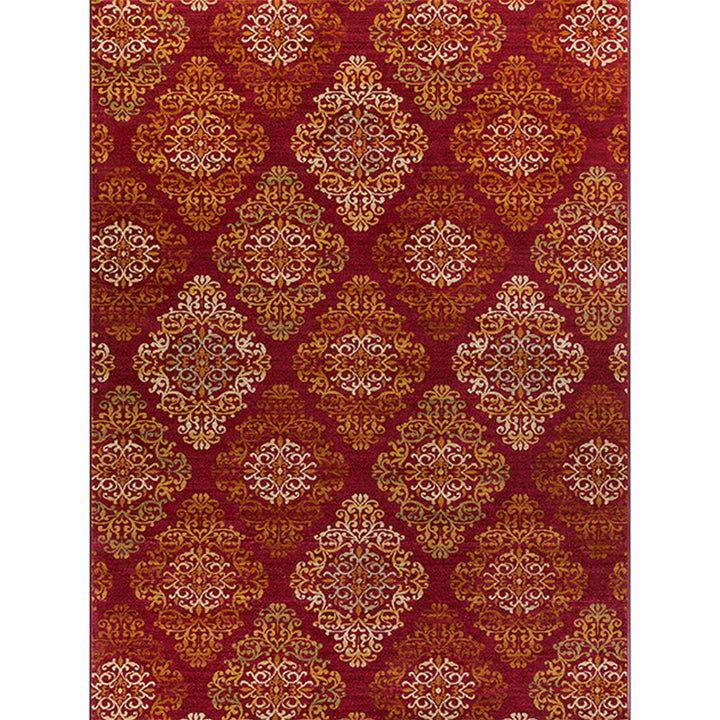 BowLift | Persian checkered printed carpet with floral red polyester machine washable non-slip carpet for living room