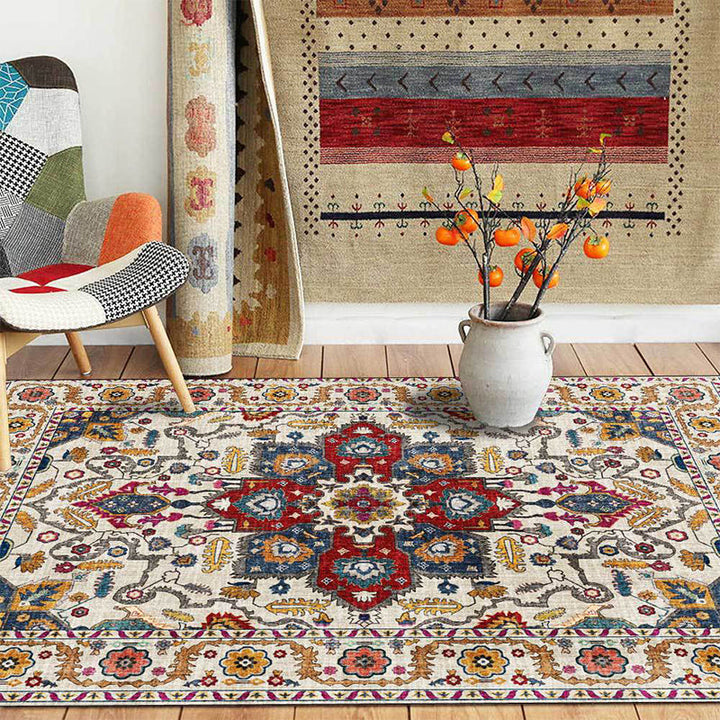 Unique medallion pattern rug with floral blue and red Persian rug polyester machine washable non-slip rug for the bedroom | Bowlift
