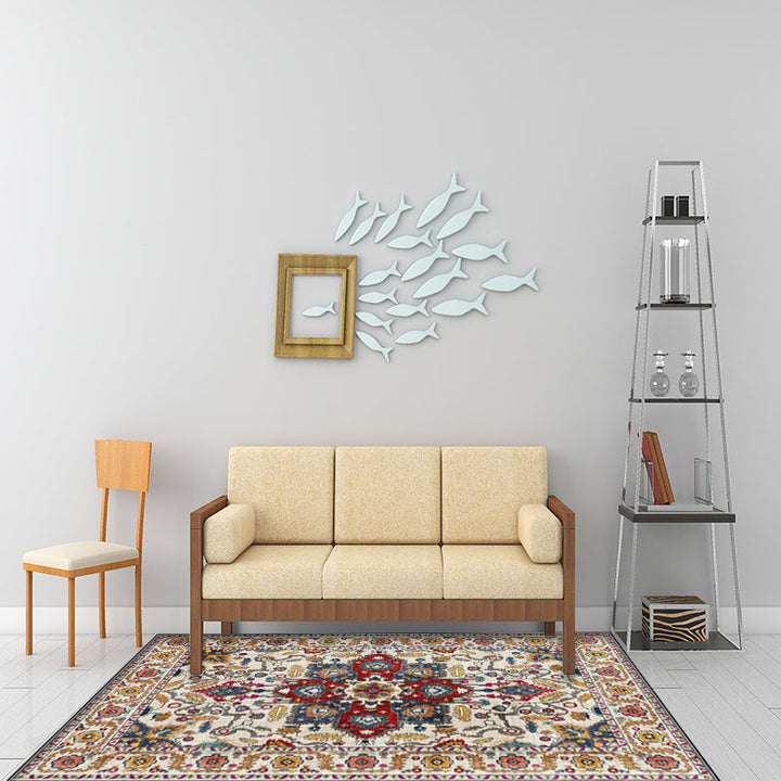 Unique medallion pattern rug with floral blue and red Persian rug polyester machine washable non-slip rug for the bedroom | Bowlift