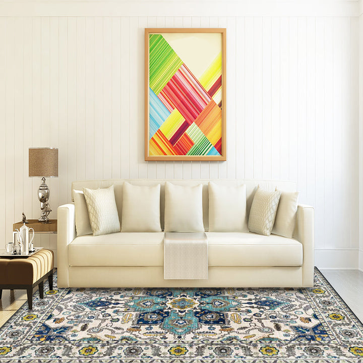 Unique medallion pattern rug with floral blue and red Persian rug polyester machine washable non-slip rug for the bedroom | Bowlift