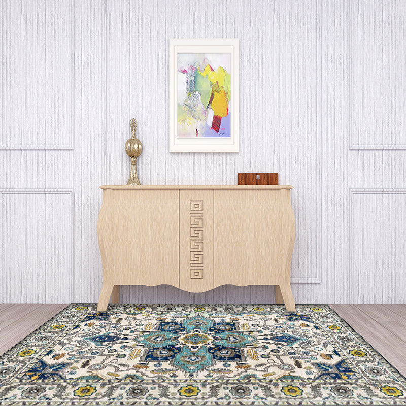 Unique medallion pattern rug with floral blue and red Persian rug polyester machine washable non-slip rug for the bedroom | Bowlift