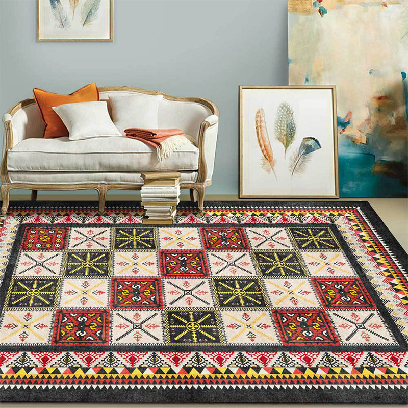 BowLift | Tribal Azulejos Pattern Rug Red and Green Mediterranean Rug Polyester Machine Washable Non-Slip Living Room Rug for Bedroom