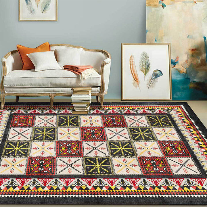 BowLift | Tribal Azulejos Pattern Rug Red and Green Mediterranean Rug Polyester Machine Washable Non-Slip Living Room Rug for Bedroom