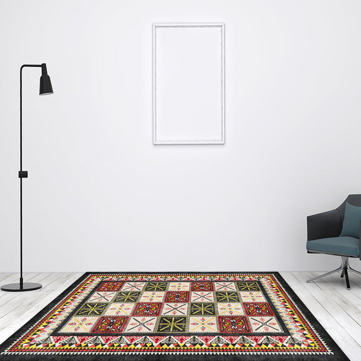 BowLift | Tribal Azulejos Pattern Rug Red and Green Mediterranean Rug Polyester Machine Washable Non-Slip Living Room Rug for Bedroom