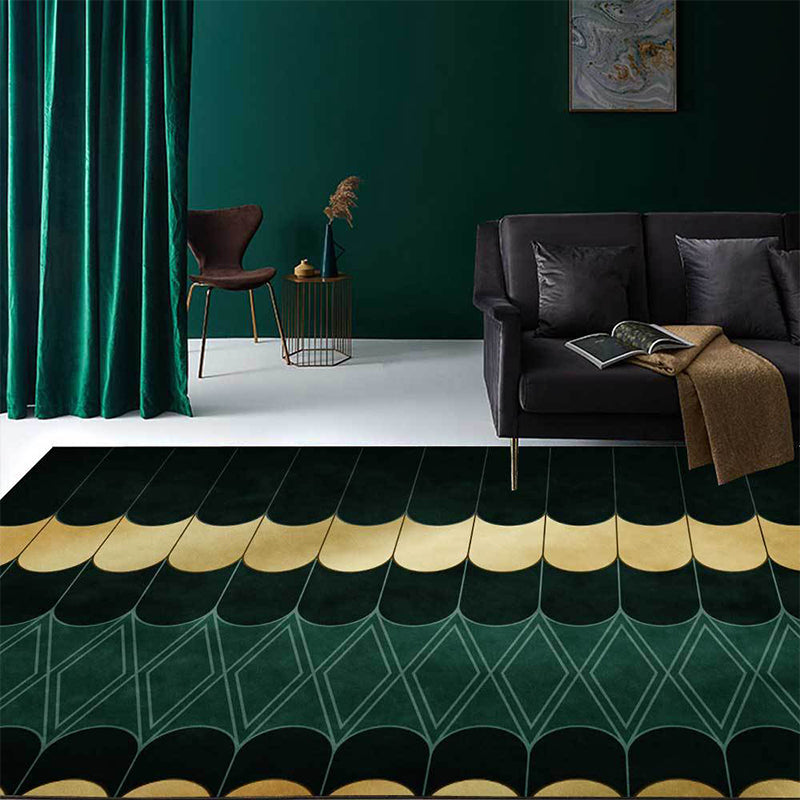 Funky Geometric Pattern Rug Gold and Green Simple Rug Polyester Washable Non-Slip Back Rug for Living Room | Bowlift