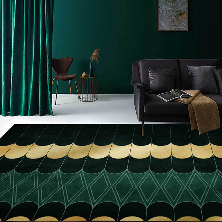 Funky Geometric Pattern Rug Gold and Green Simple Rug Polyester Washable Non-Slip Back Rug for Living Room | Bowlift