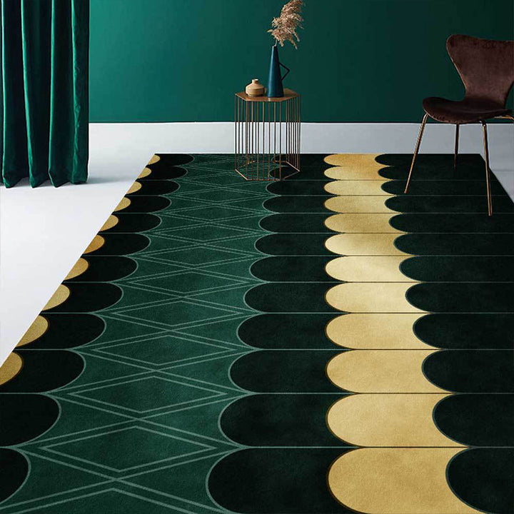 Funky Geometric Pattern Rug Gold and Green Simple Rug Polyester Washable Non-Slip Back Rug for Living Room | Bowlift