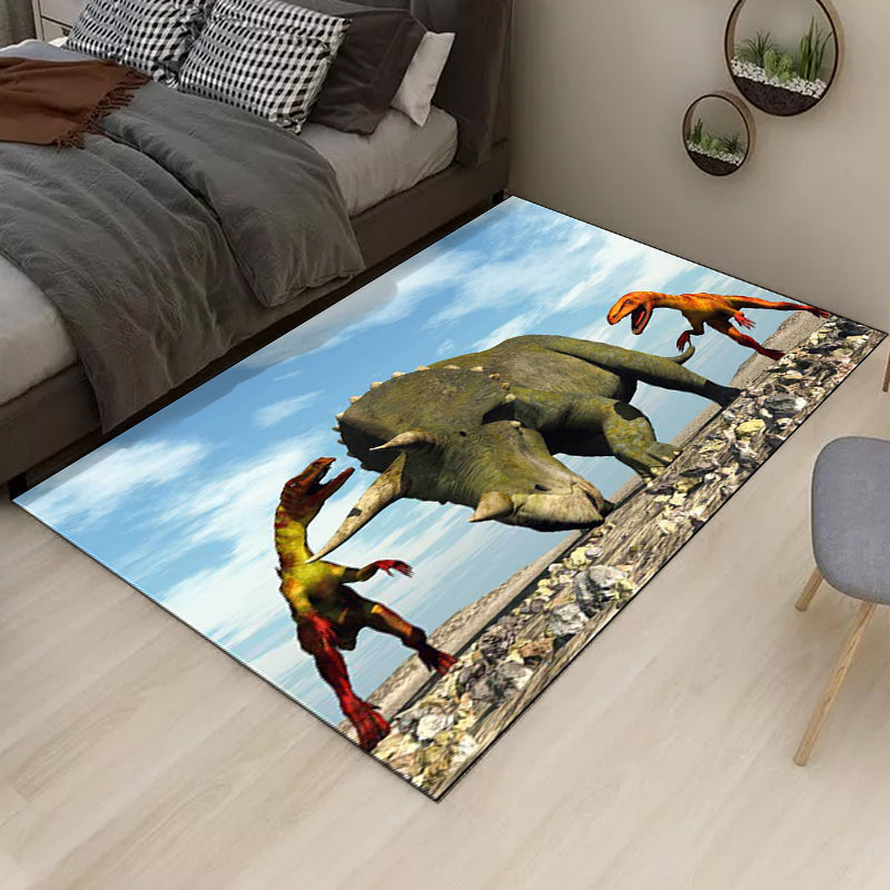 Blue modern carpet Polyester dinosaur and rhinoceros pattern carpet washable non-slip backing carpet for living room | Bowlift