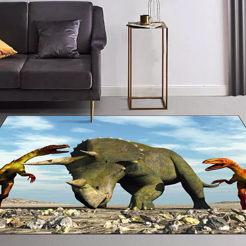 Blue modern carpet Polyester dinosaur and rhinoceros pattern carpet washable non-slip backing carpet for living room | Bowlift