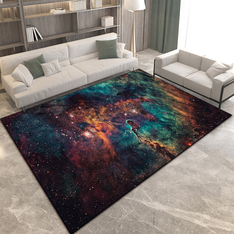 Minimalist modern rug in green and orange with fog pattern from space made of polyester non-slip rug for home decor | Bowlift