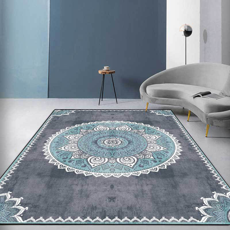 Blue and Gray Moroccan Carpet Polyester Flower Pattern Carpet Washable Non-slip Backing Carpet for Living Room | Bowlift
