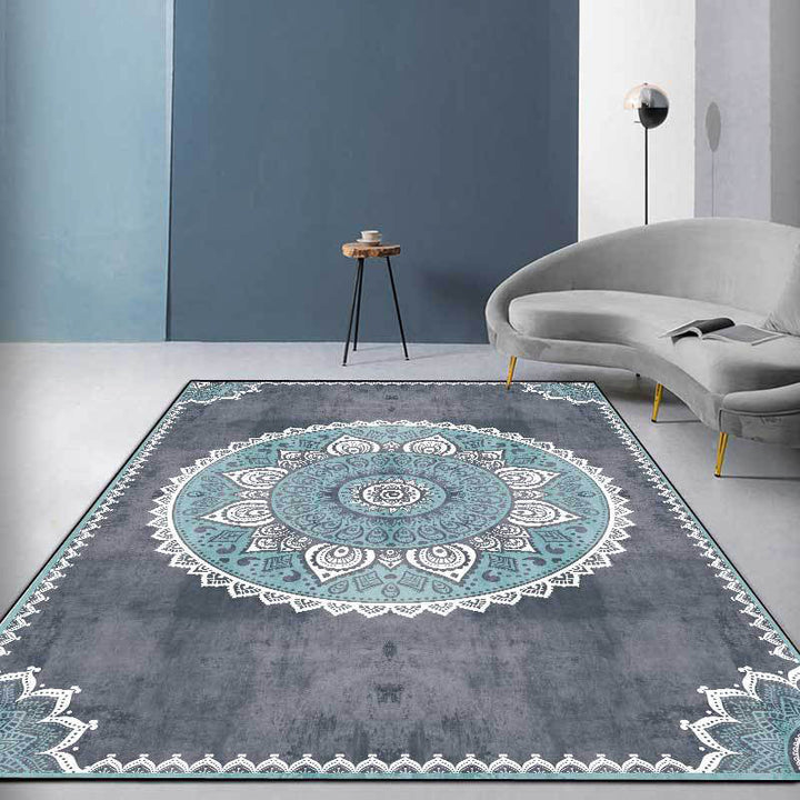 Blue and Gray Moroccan Carpet Polyester Flower Pattern Carpet Washable Non-slip Backing Carpet for Living Room | Bowlift