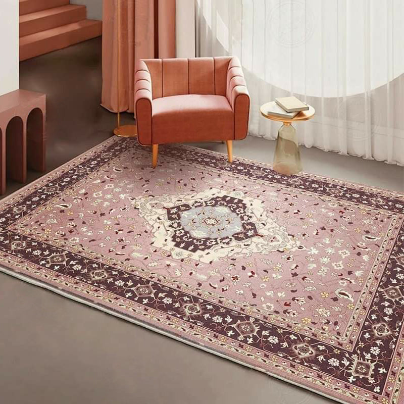 BowLift | Pink Mediterranean Carpet Polyester Medallion and Floral Pattern Carpet Washable Non-Slip Back Carpet for Living Room
