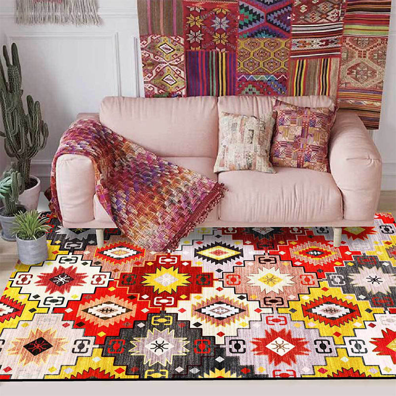 Red Multicolored Mediterranean Carpet Polyester Tiles Print Carpet Washable Non-Slip Back Carpet for the Living Room | Bowlift