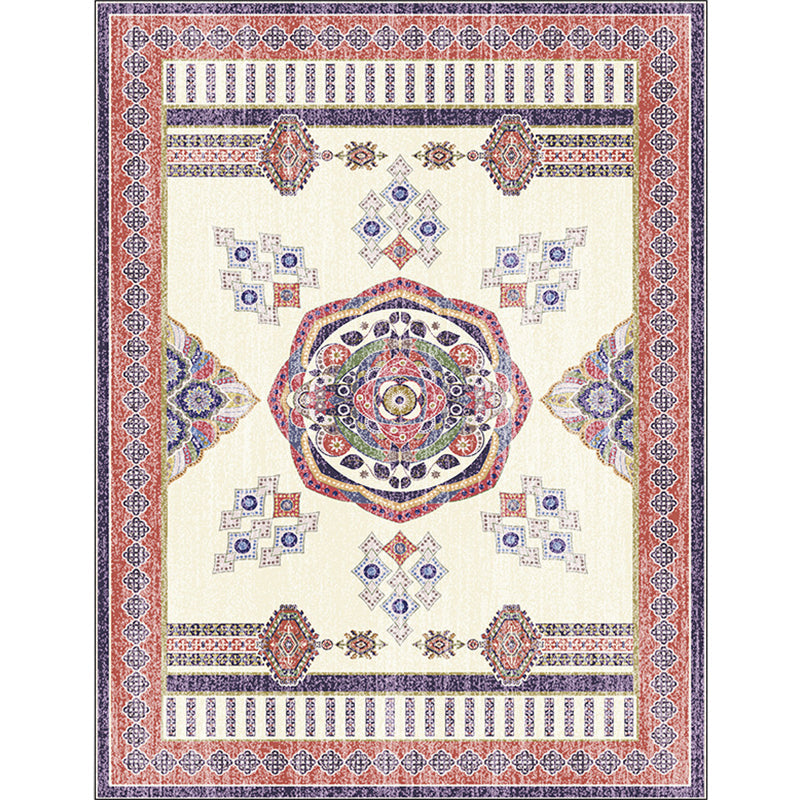 Beige and Red Vintage Carpet Polyester Medallion Pattern Carpet Washable Non-Slip Backing Carpet for Living Room | Bowlift