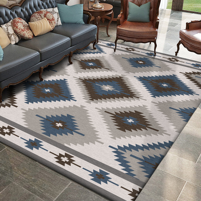 BowLift | Blue and Gray Southwest Rug Polyester geometric pattern rug washable non-slip bottom rug for living room