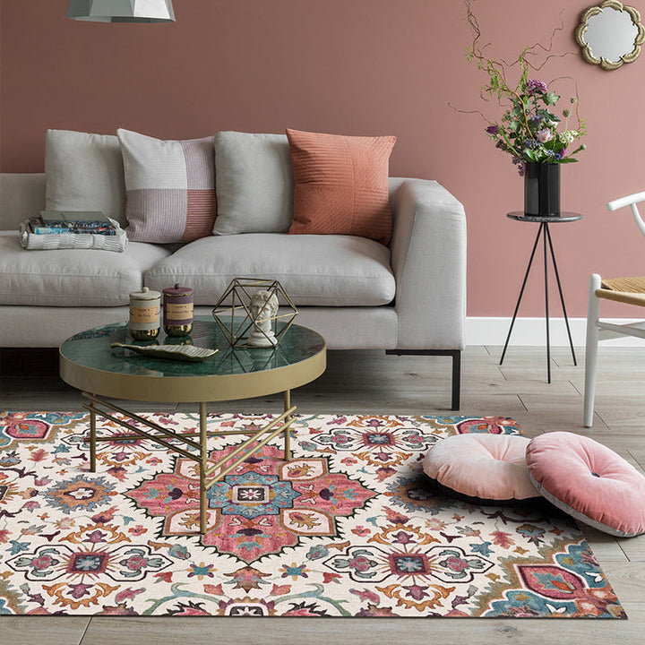 Pink Mediterranean Rug Polyester Floral and Medallion Pattern Rug Washable Non-Slip Back Mat Rug for the Living Room | Bowlift